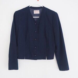 Pendleton Navy 100% Virgin Wool Cropped Button Up Jacket Blazer Petite